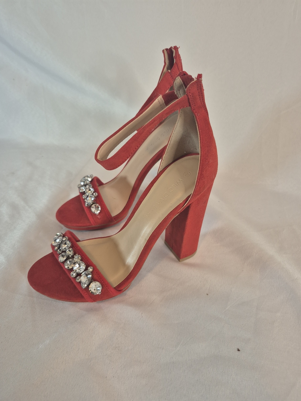 Wild Diva Red Crystal-Embellished Block Heel Sandals